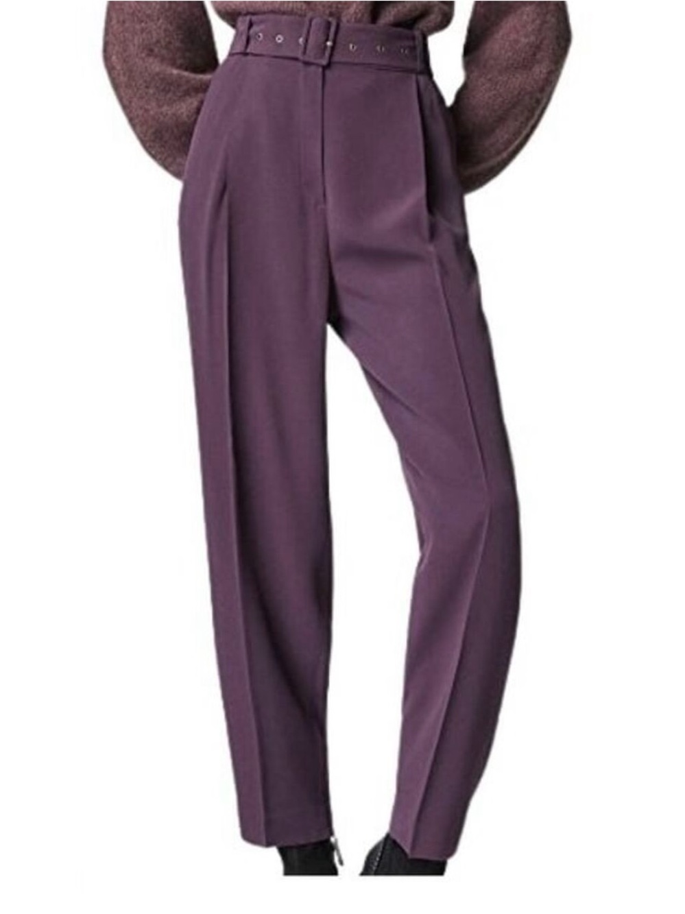 Massimo Dutti Viscose High-Waist Pleated Purple Womens Trousers with Belt